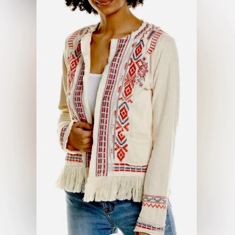 JOHNNY WAS Yatzil Embroidered Fringe Jacket in Vanilla Size L - Picture 10 of 14